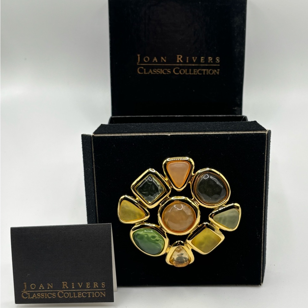 Joan Rivers Gold Brooch with Green and Yellow Accents